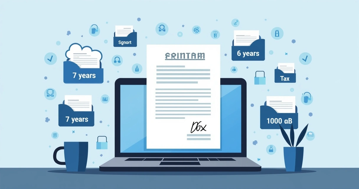 Laptop and cloud icons with digital contract files surrounded by retention period labels