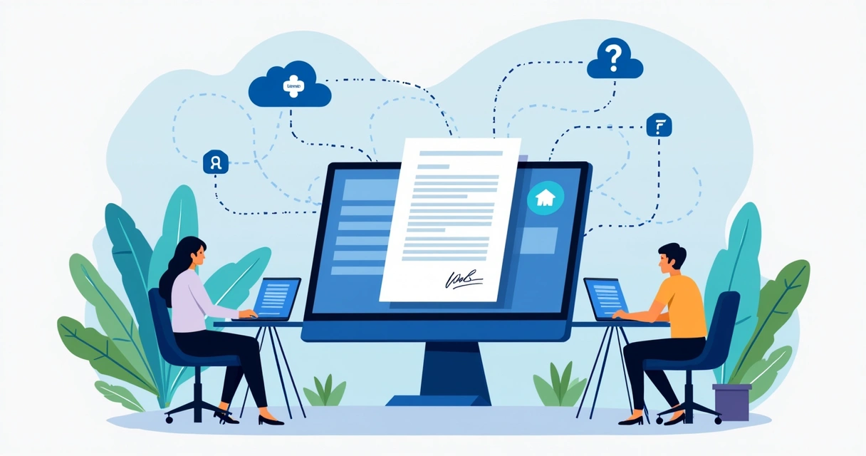 Workflow of digital contract approval with cloud storage and signing icons 