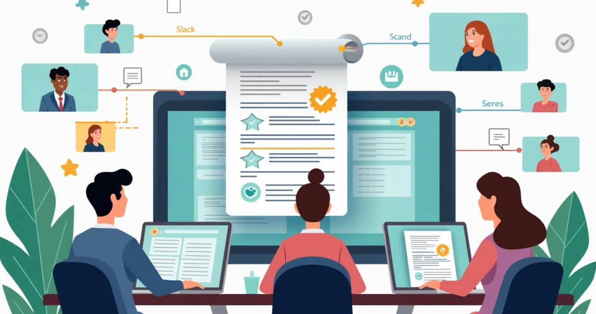 Illustration of a digital workflow showing automated document creation, notifications, and CRM integration 