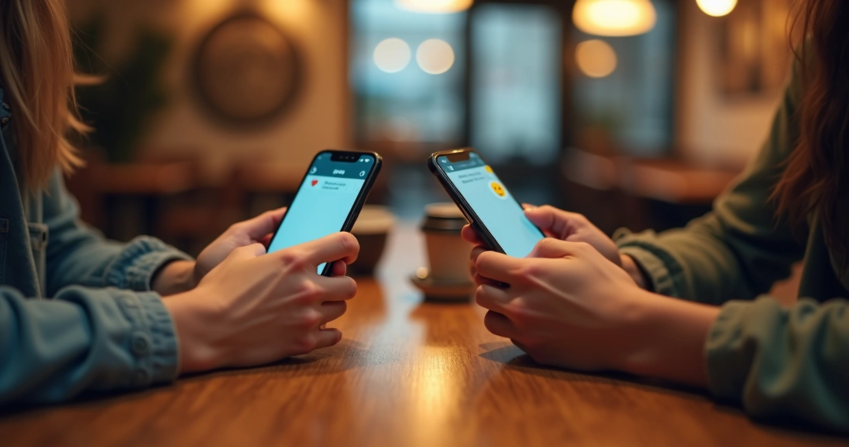 Two people flirting via text messages on smartphones, hands visible 