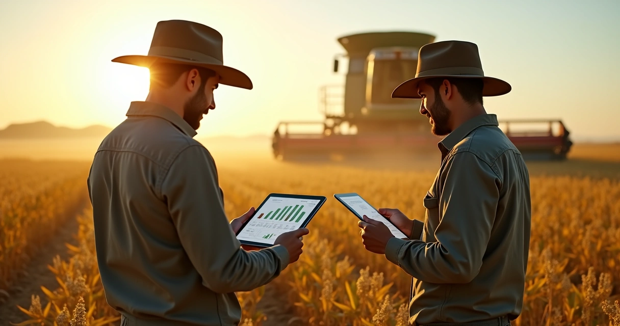 Farmers in Brazil monitoring soybean yields using digital tablets in a high-tech field setting