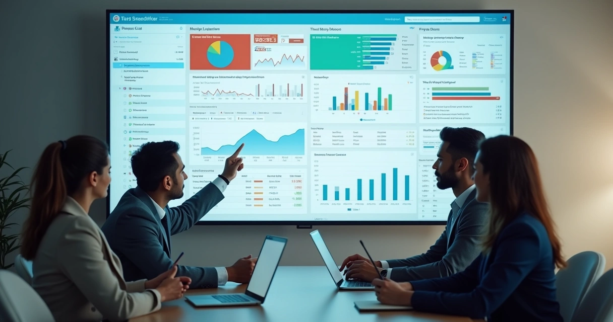 Team reviewing a digital dashboard on a large screen