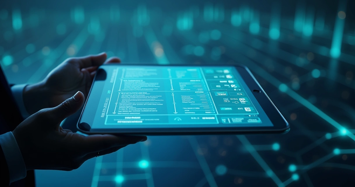 Hands reviewing a structured digital decision receipt on a transparent tablet above a data ledger grid 