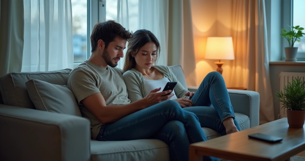 Couple sitting together, one distracted by mobile phone, other looking away