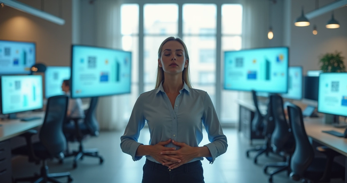 Woman standing in an office, surrounded by digital screens, practicing mindful breathing with eyes closed