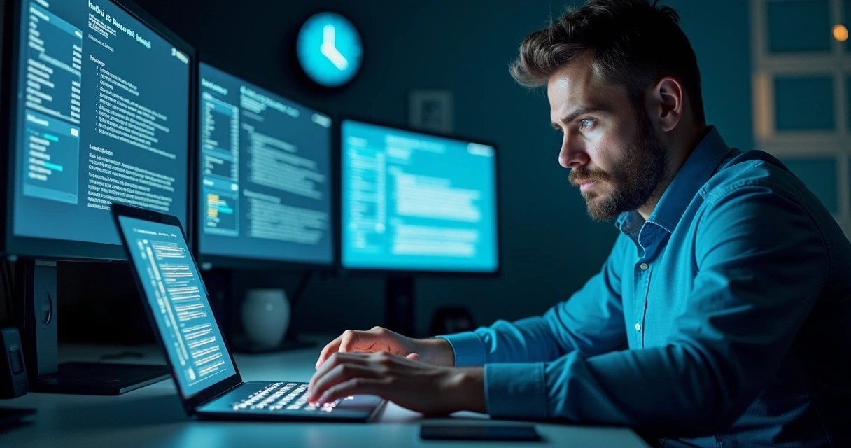 A person sits at a desk surrounded by digital screens and notifications 