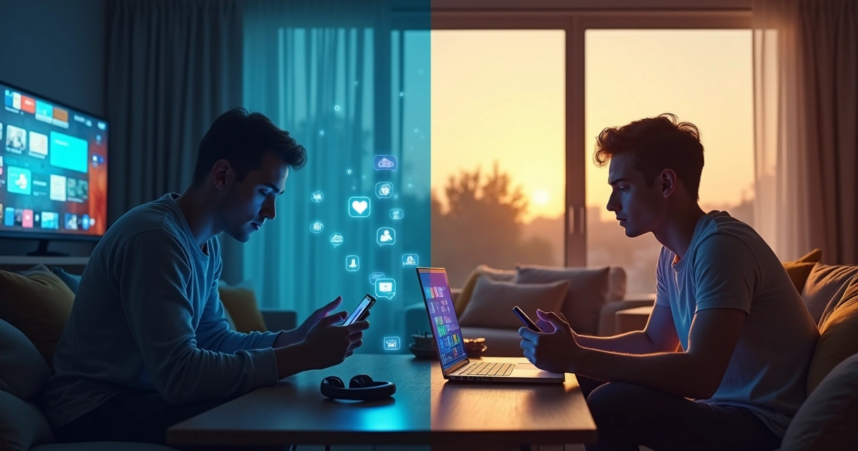 Person split between smartphone notifications and quiet introspection by the window 