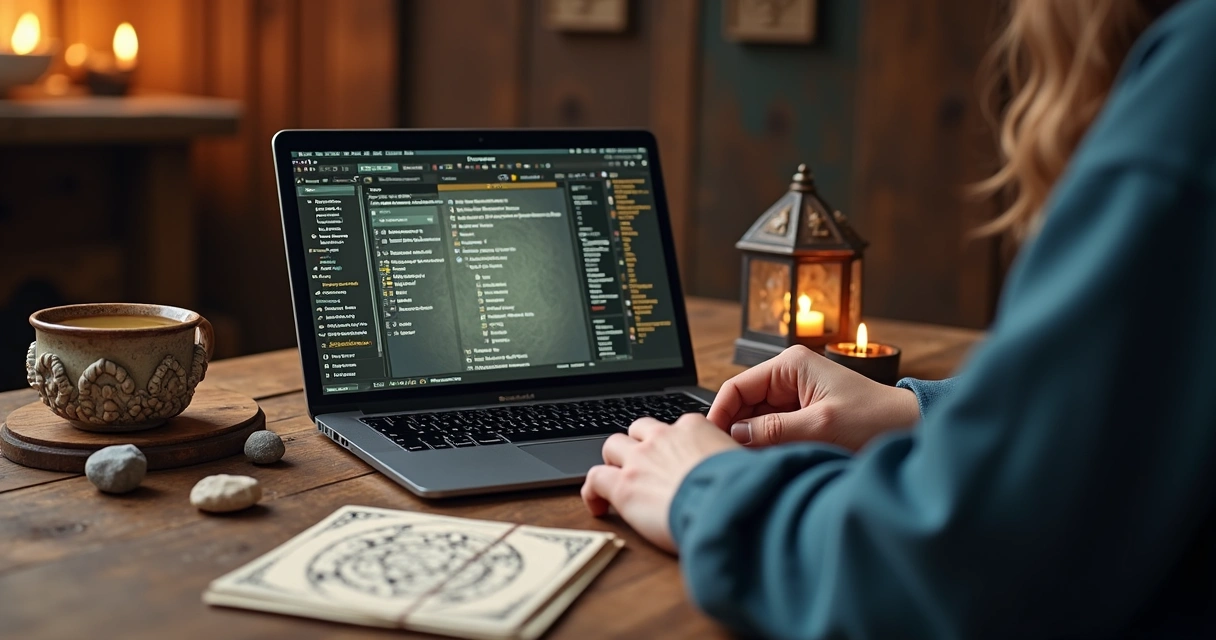 Tarot reader using a laptop with organized digital notes and cards 