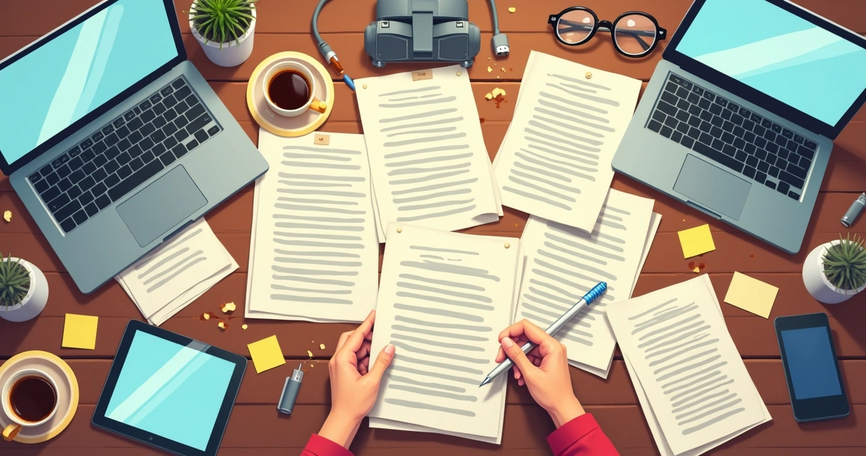 Desk cluttered with overlapping paper and digital contract versions, post-its with reminders, and tangled USB cables 