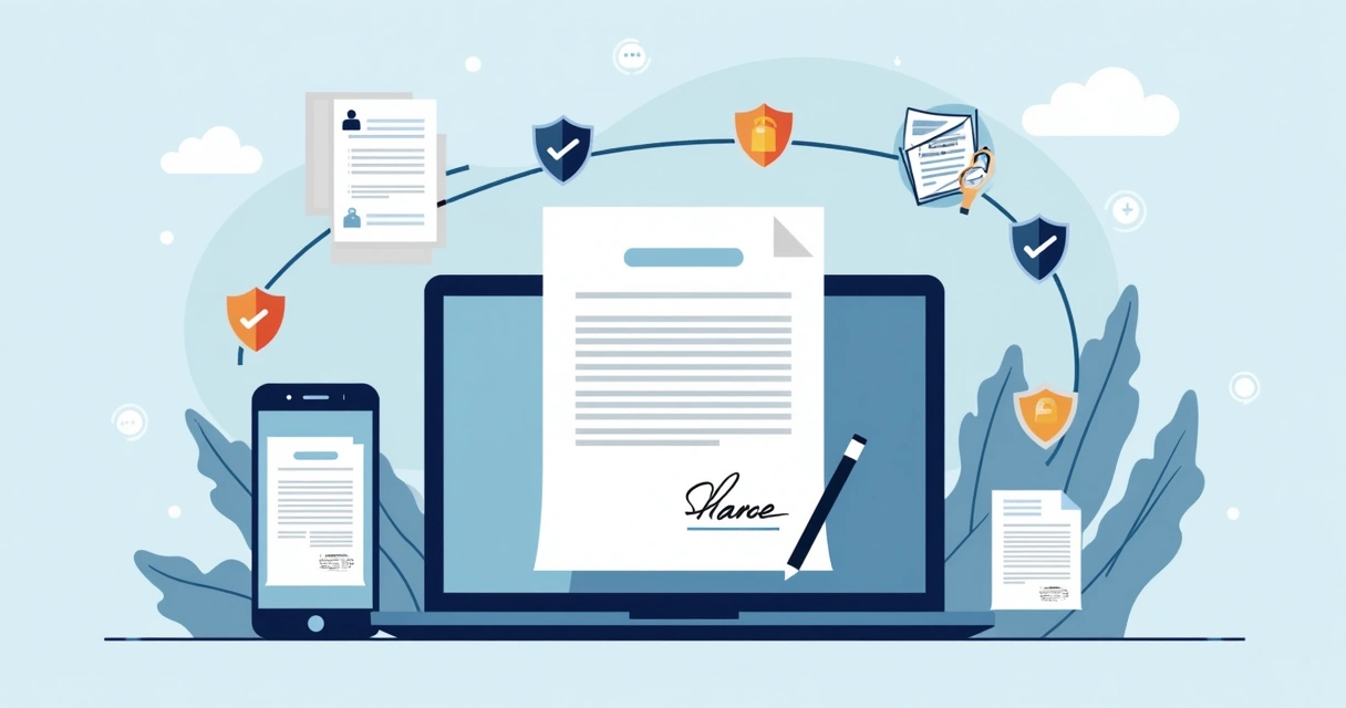 Flat illustration showing digital document signing workflow with devices and security icons