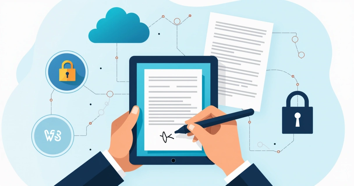 Illustration of a hand holding a stylus signing a document on a tablet surrounded by icons of cloud, lock, and contract papers 