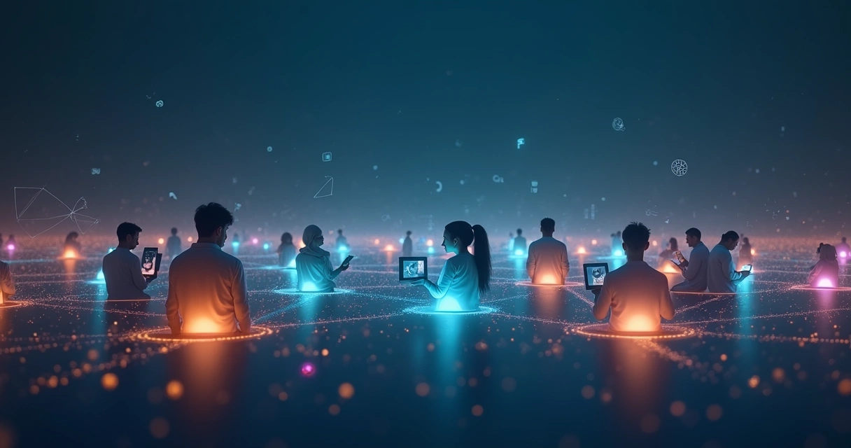 People connected through glowing digital lines forming an emotional network 