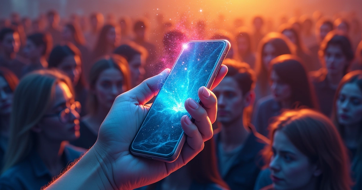 Visual representation of digital emotional contagion moving from a smartphone to a crowd 