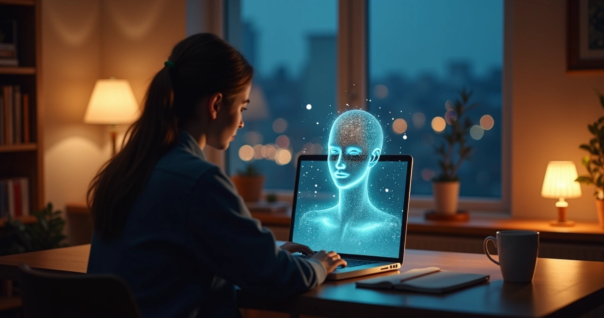 Person and holographic AI face sharing a gentle connection across a desk at night 