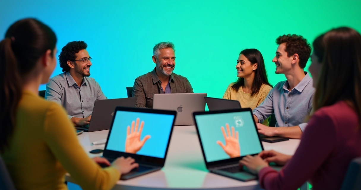 People of varied ages clustered around laptops using video calls, showing digital empathy bonds. 