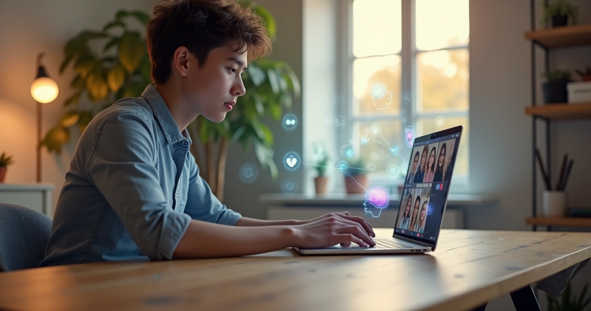 Person using laptop surrounded by warm digital connections and AI icons 