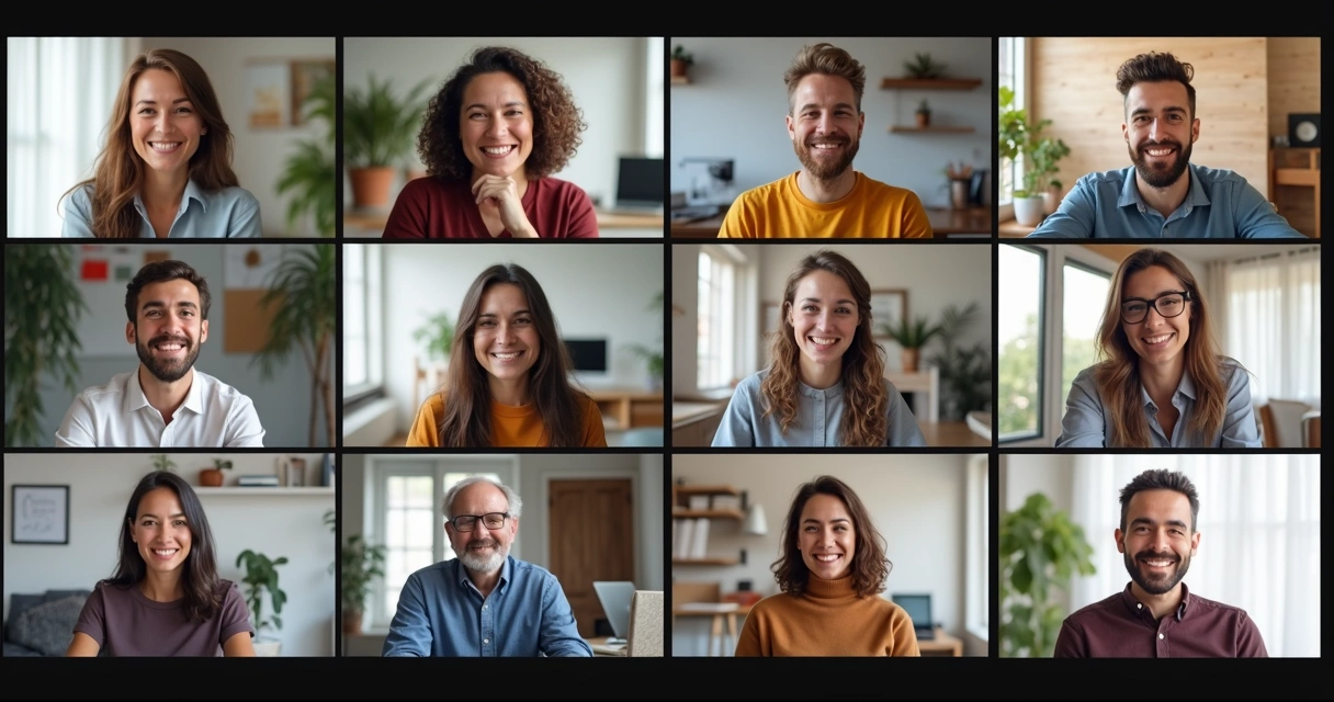 Remote team on a video call showing active listening and smiling faces