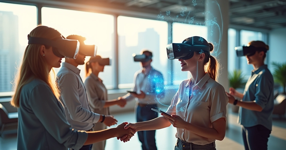 People using VR headsets in a bright room, interacting with digital avatars