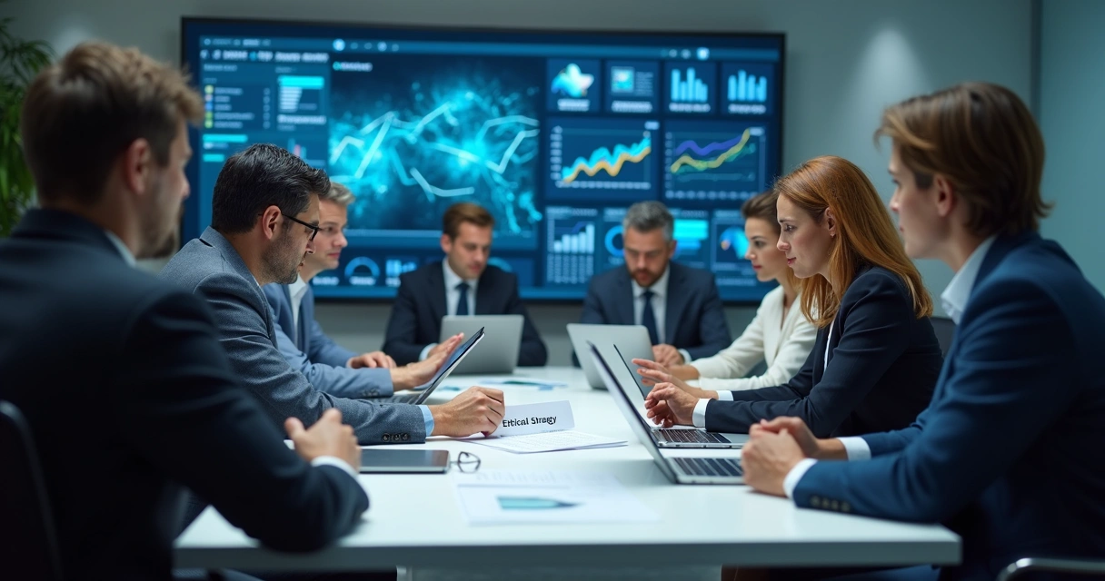 Executives discussing ethical digital strategy in a boardroom, diverse team, laptops and digital screens
