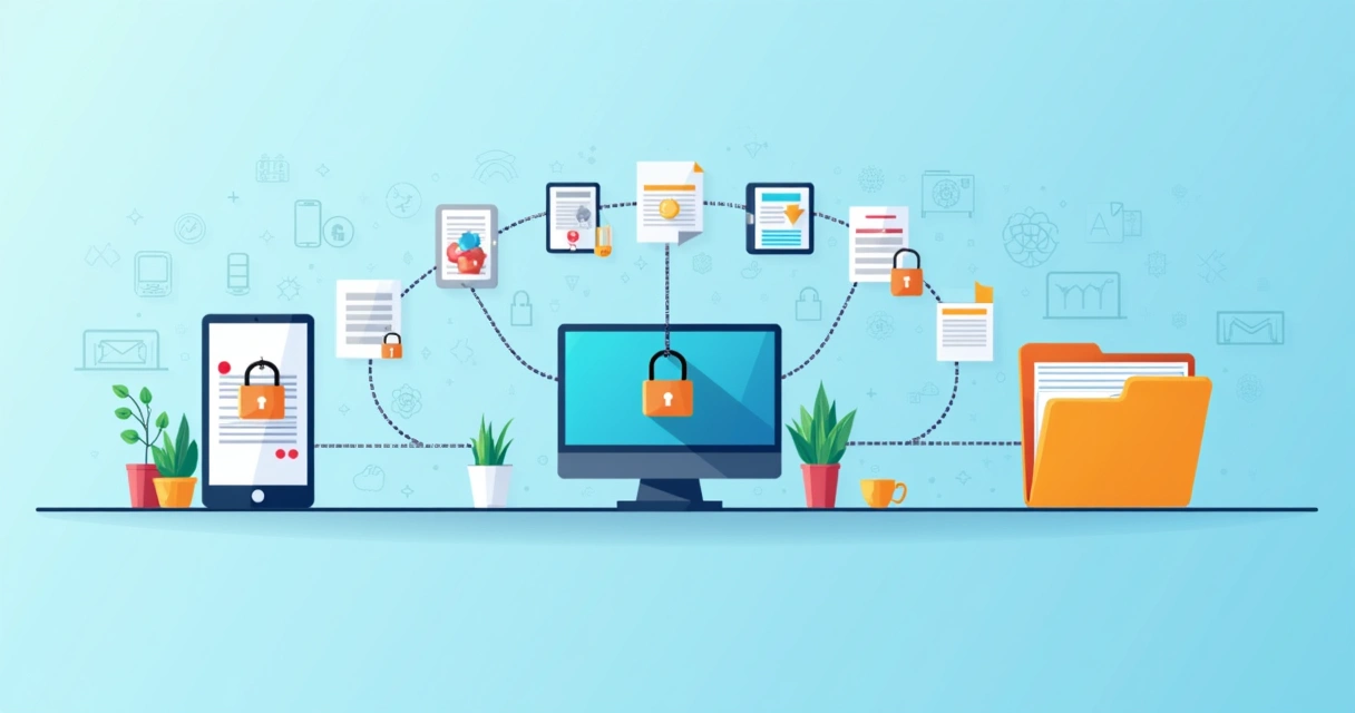 Concept of digital chain of custody with document icons linked by locks 
