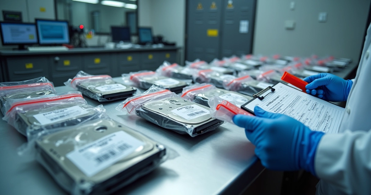 Digital forensics specialist labeling sealed evidence bags in a secure lab 