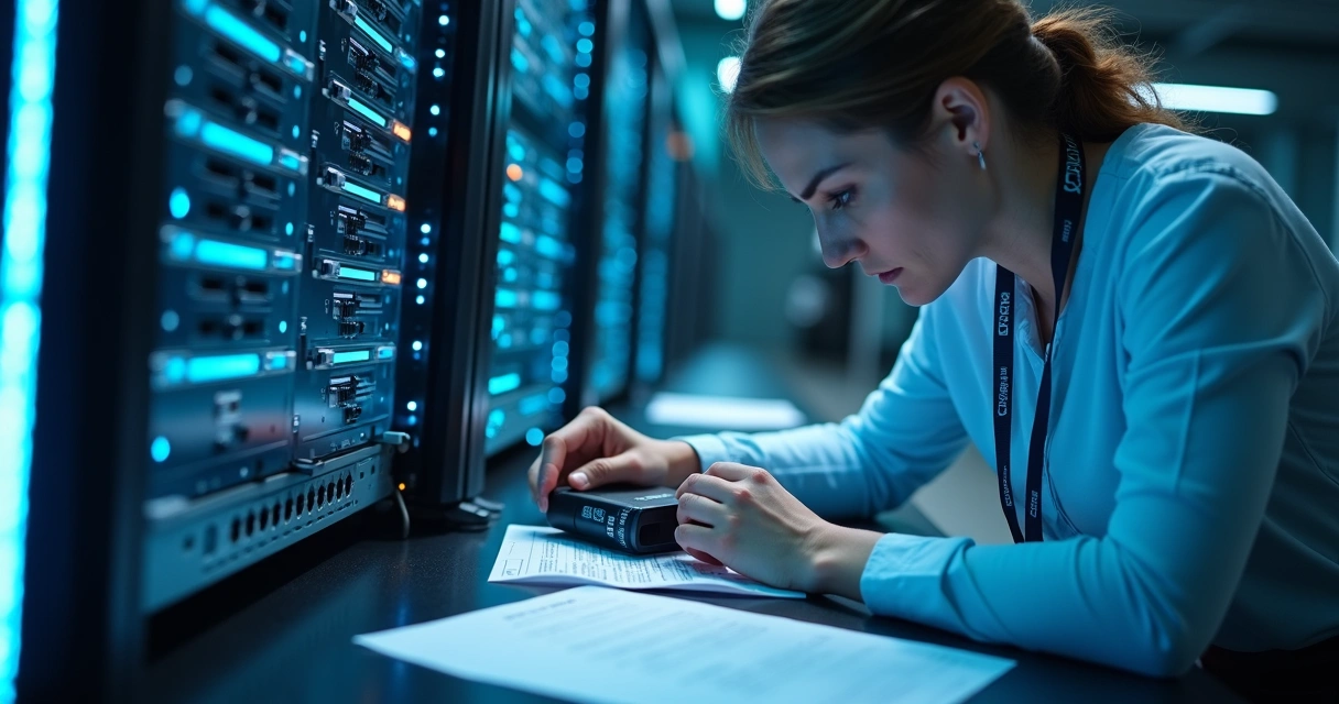 Engineer copying digital files to a secure drive in a server room 