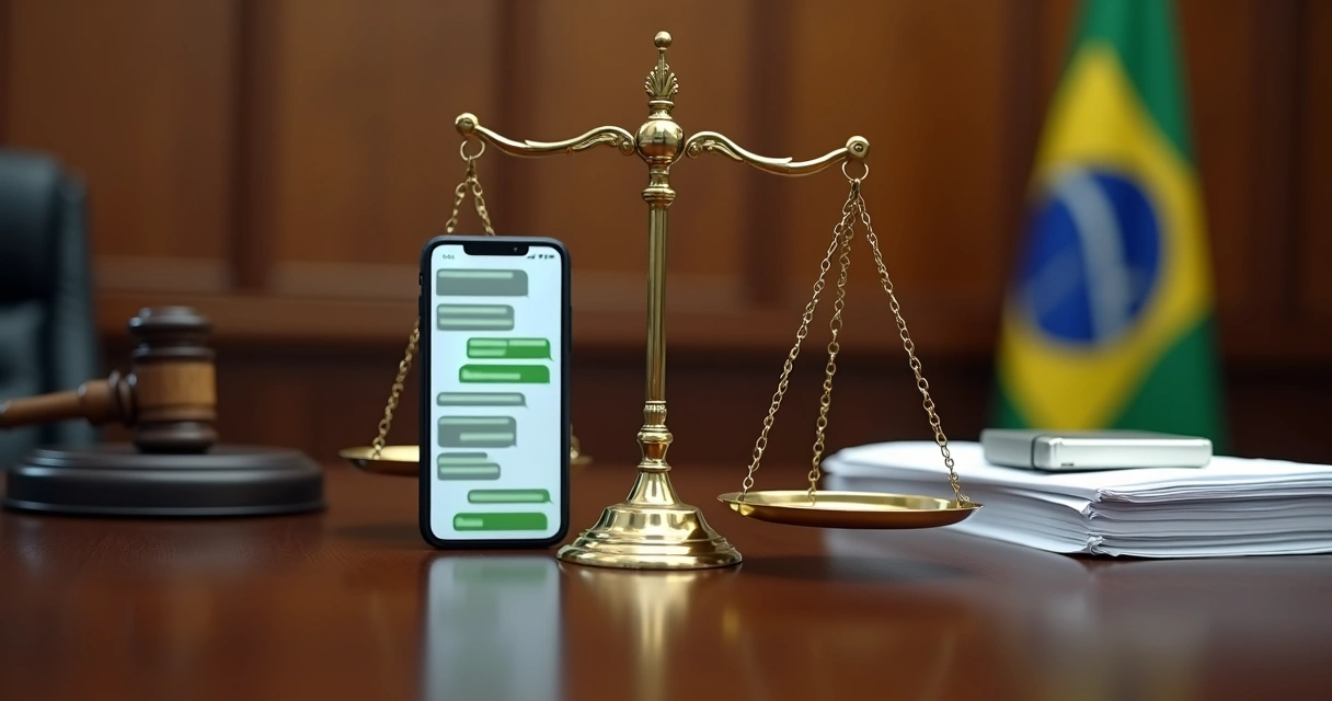 Judge’s desk with smartphone chat messages balanced against legal files on scales of justice 