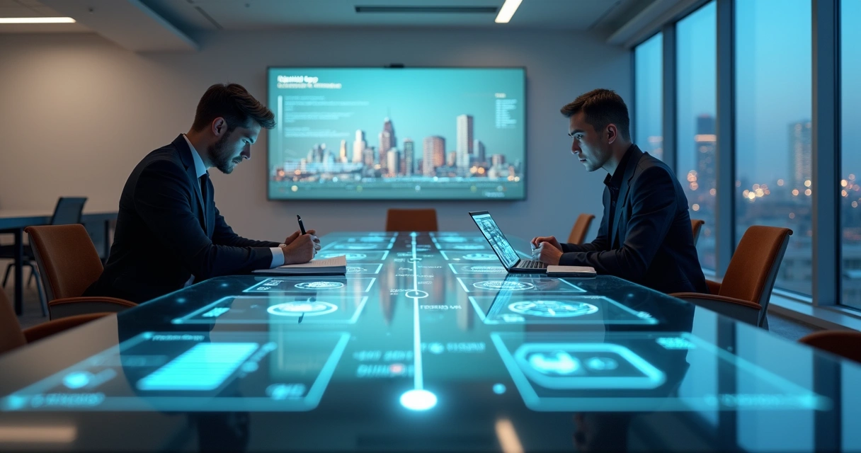 Insurance and cybersecurity experts analyzing digital logs on large transparent screens 