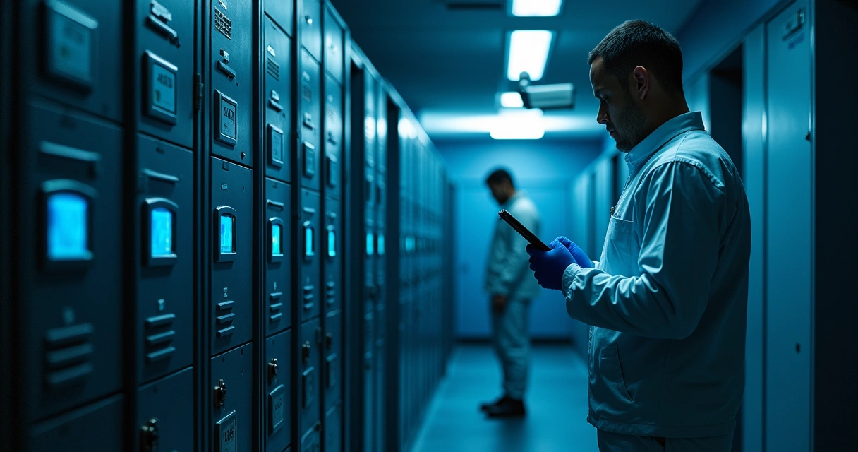 Digital evidence locker with monitors showing access logs and a secure vault 