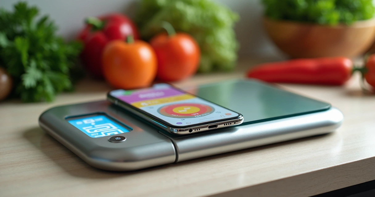Modern digital food scale on kitchen countertop with smartphone connectivity 