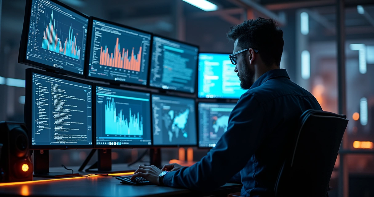 Digital forensics analyst using AI tools on computer screens 