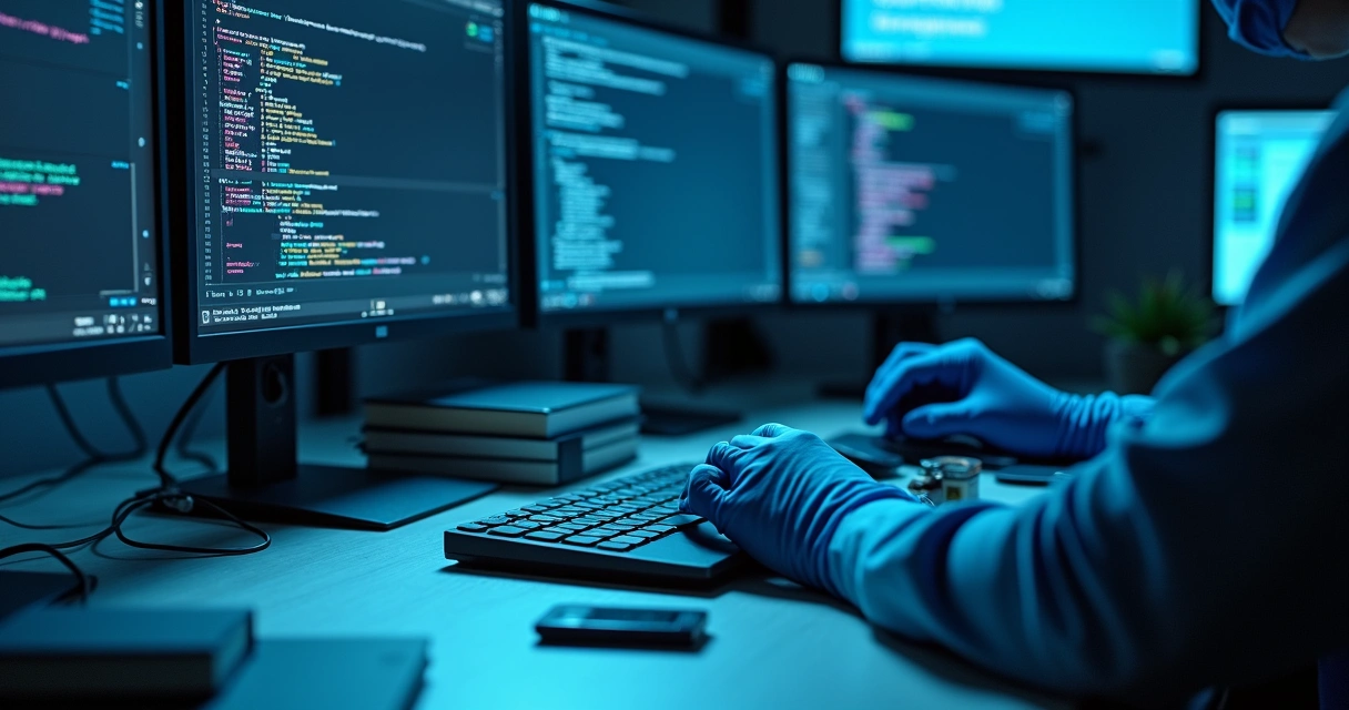 Close-up digital forensic tools and hands analyzing log files 