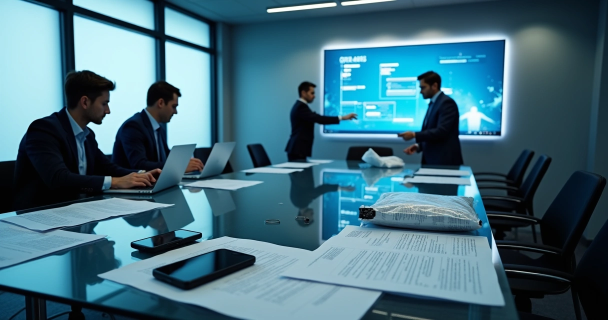 Corporate digital forensics lab team reviewing internal incident evidence on screens 