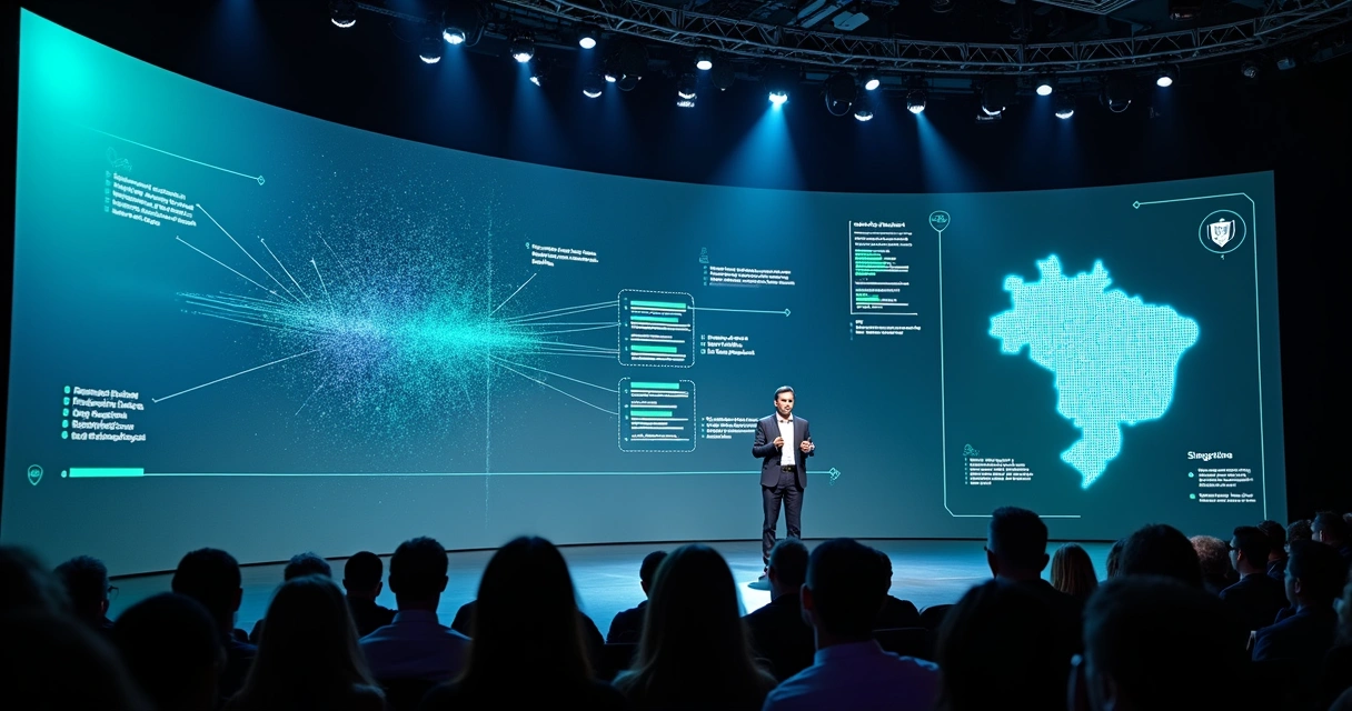 Cybersecurity speaker on stage at Brazilian tech conference with digital forensics visuals 