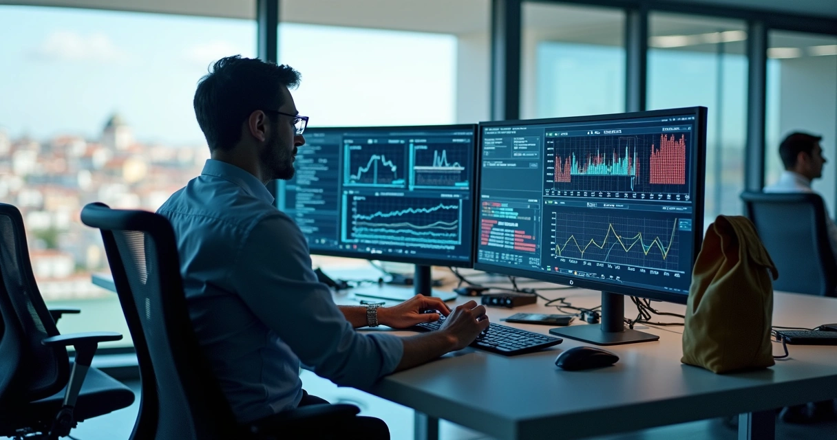 Digital forensics expert analyzing computer evidence in a modern office 