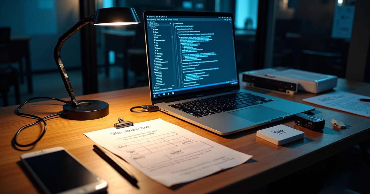Founder planning a digital forensics lab setup at a desk with evidence and devices 