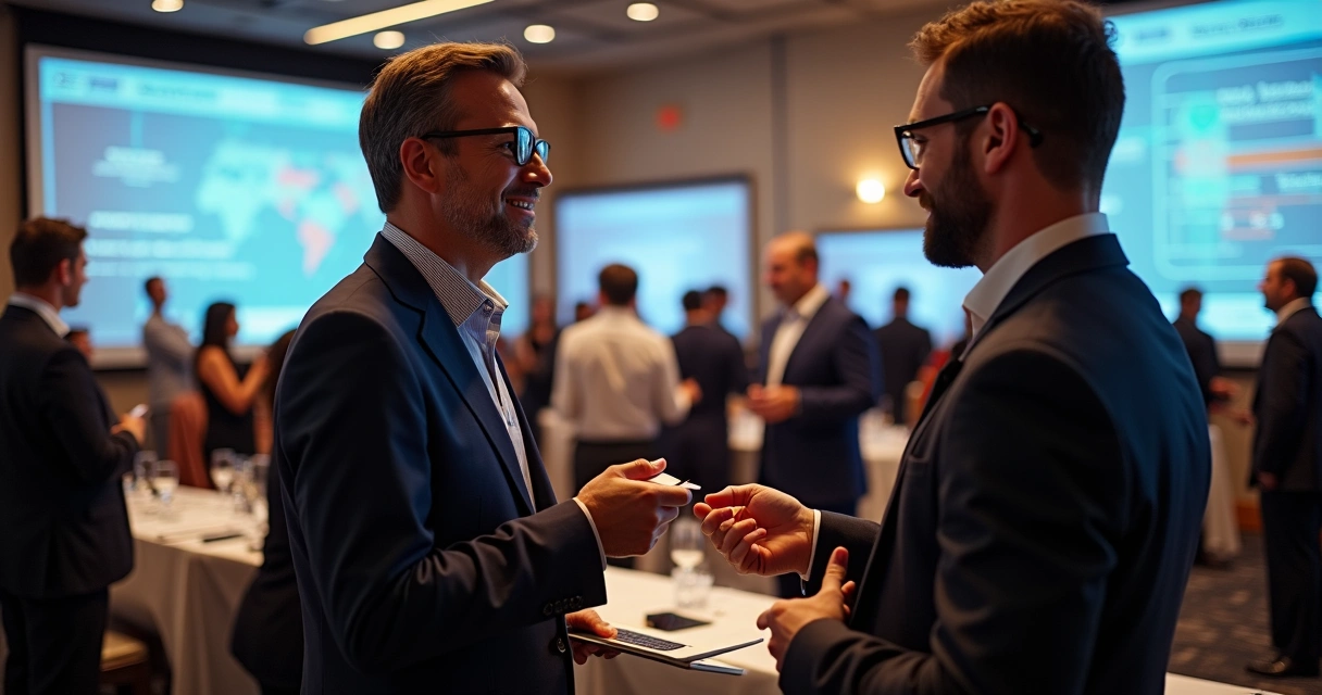 Professional digital forensics specialist networking at a business event 