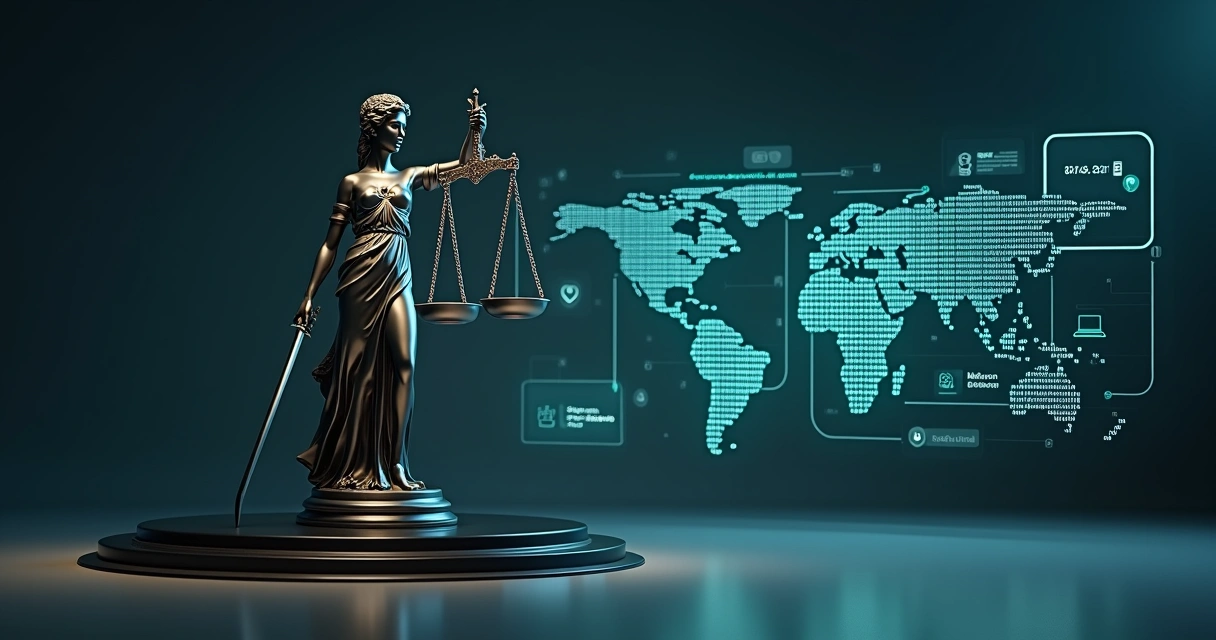 Lady Justice figure surrounded by remote digital forensics interfaces 