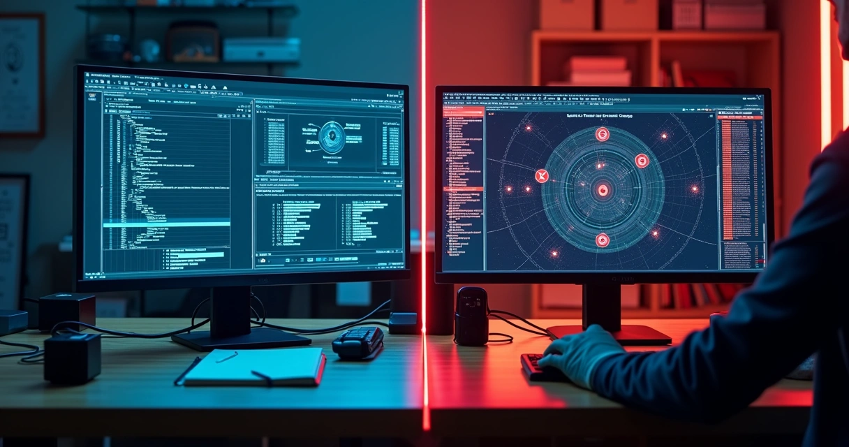 Split scene contrasting digital forensic analysis lab with active cyber incident response operations 