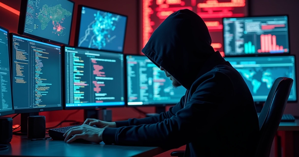 Hacker in dim office using AI software on multiple monitors