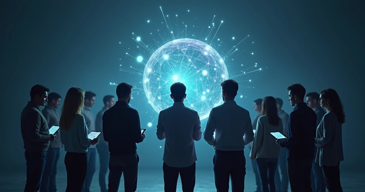 People around a glowing digital network representing shared consciousness 