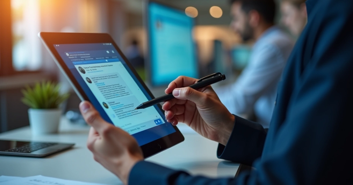 Close-up of a digital moderator reviewing group chat messages on a tablet