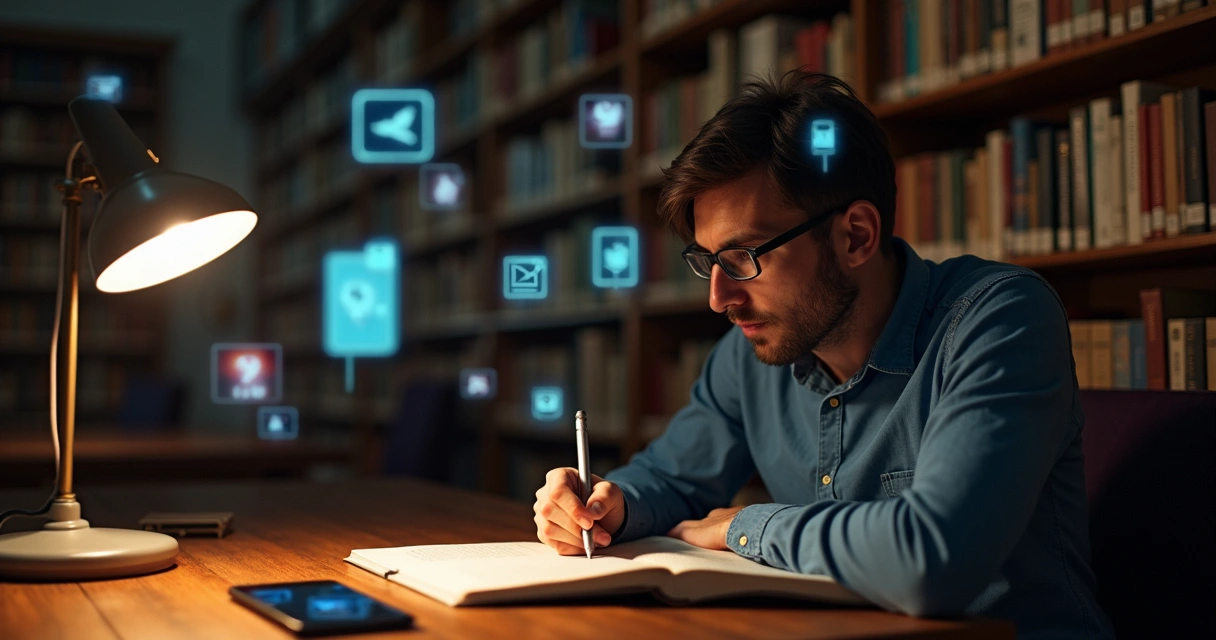 Person in quiet library with glowing phone distractions floating around head 