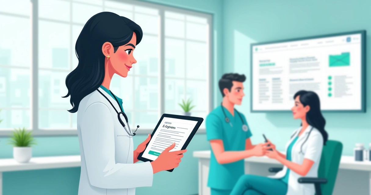 Doctor reviewing e-signature form on tablet in modern clinic 