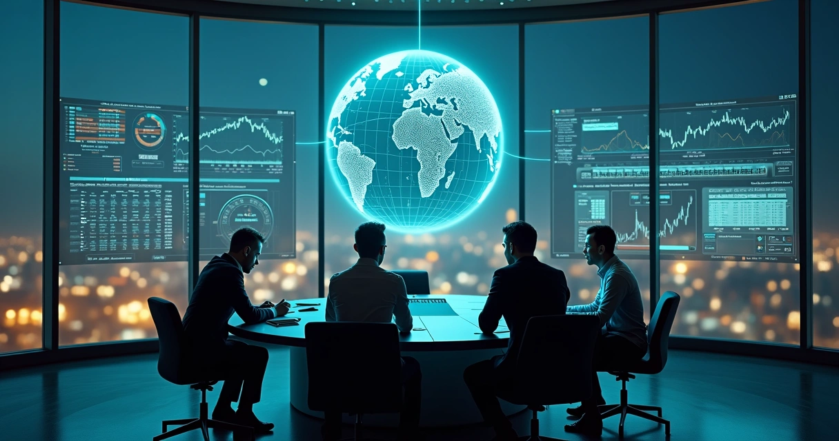 Global trading risk control room with cloud-based hedging dashboards 