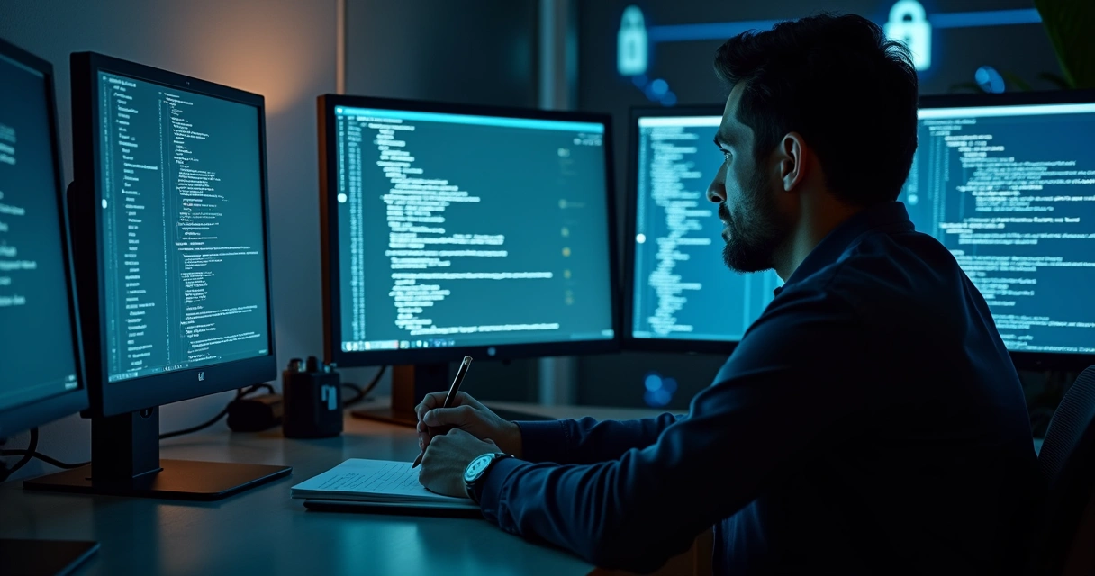 Person reviewing security logs on multiple screens 