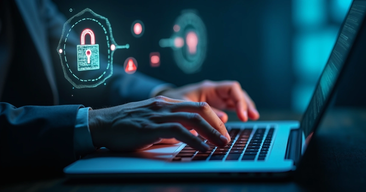 Hands typing on a keyboard with a digital lock icon overlay 