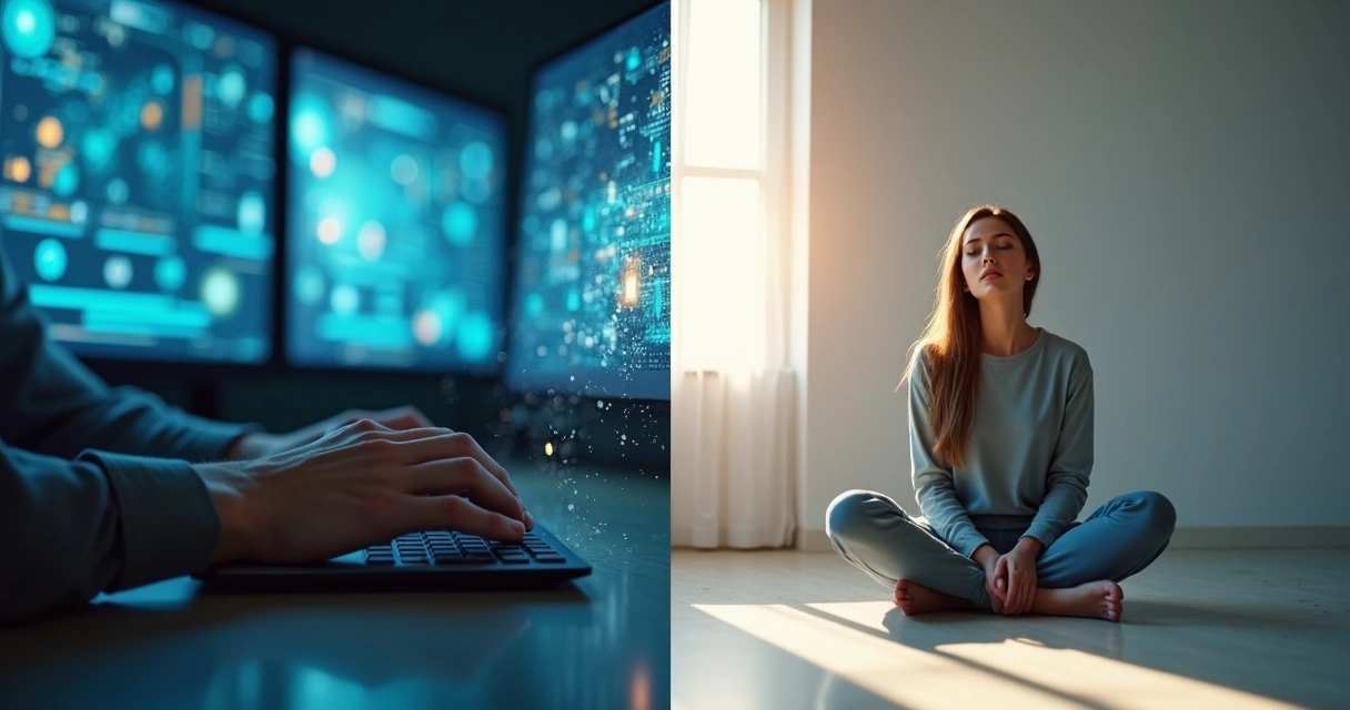 Split screen of busy hands on keyboard and meditative person with closed eyes. 