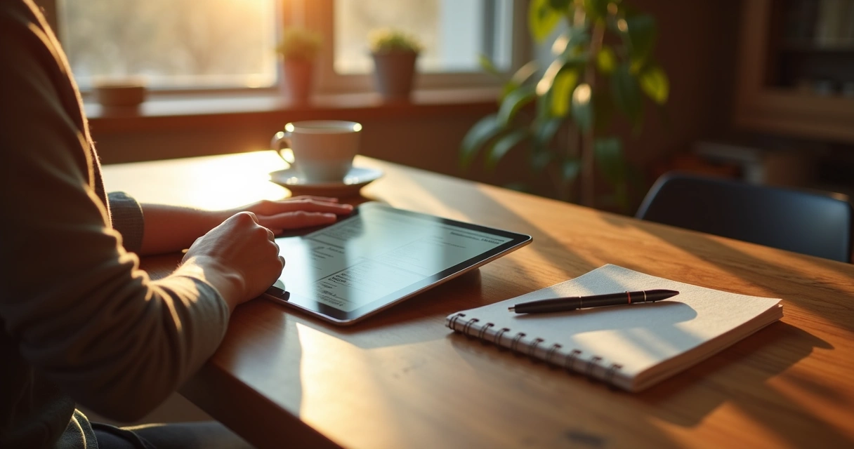 Pessoa digitando em um diário digital em um tablet.