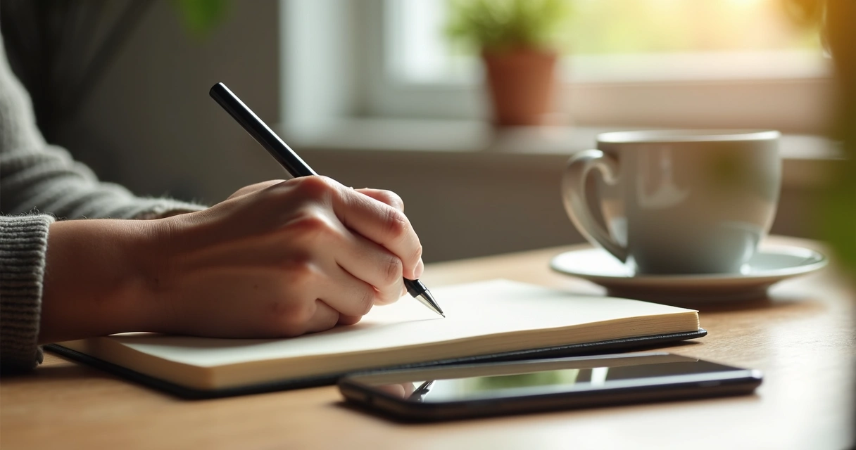 Person writing in journal next to phone 